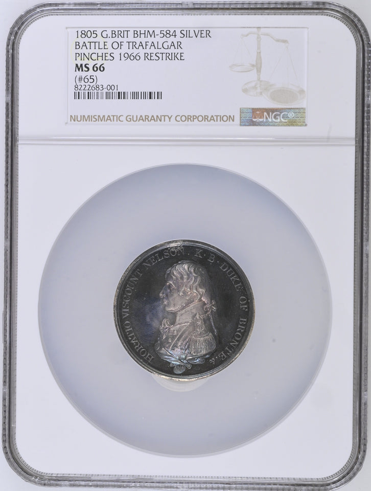 1805 BATTLE OF TRAFALGAR PINCHES 1966 RESTRIKE SILVER MS 66 - NGC OTHER COINS - Cambridgeshire Coins