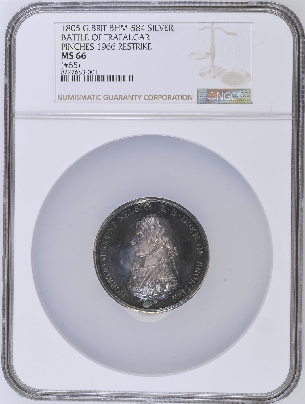 1805 BATTLE OF TRAFALGAR PINCHES 1966 RESTRIKE SILVER MS 66 - NGC OTHER COINS - Cambridgeshire Coins