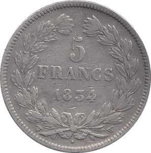 1834 FRANCE SILVER 5 FRANCS - WORLD COINS - Cambridgeshire Coins