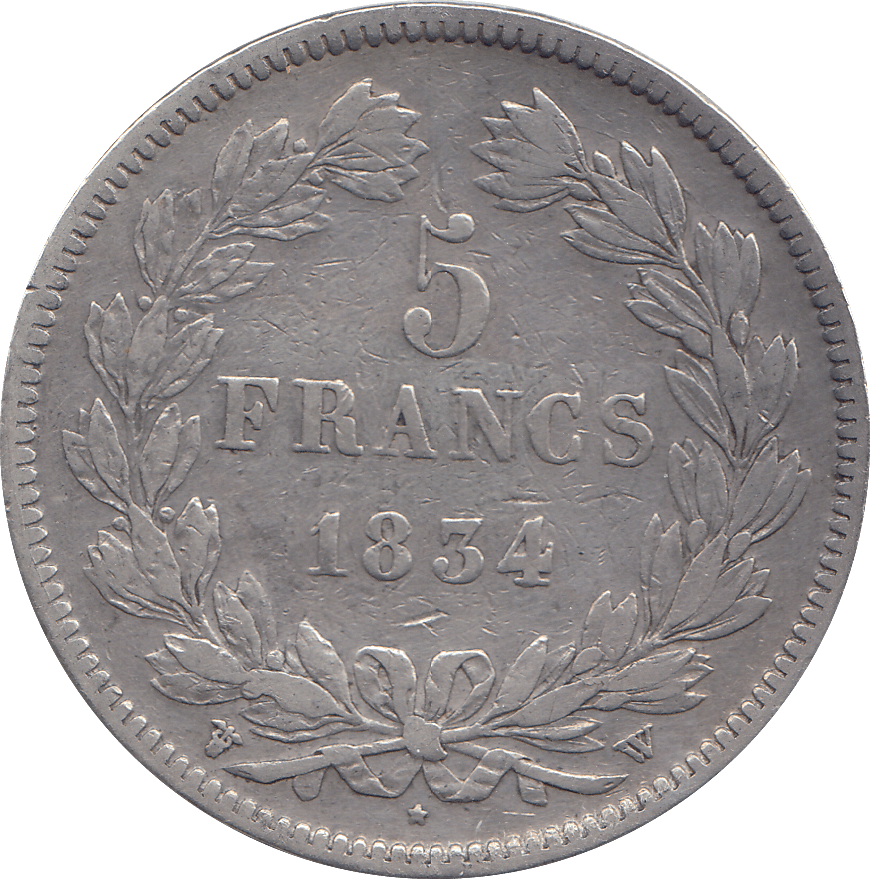 1834 FRANCE SILVER 5 FRANCS - WORLD COINS - Cambridgeshire Coins