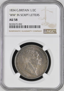 1834 SILVER HALFCROWN "WW" SCRIPT LETTERS NGC AU 58 - NGC SILVER COINS - Cambridgeshire Coins