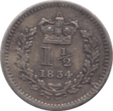 1834 SILVER THREE HALFPENCE ( GVF ) - THREE HALF PENCE - Cambridgeshire Coins
