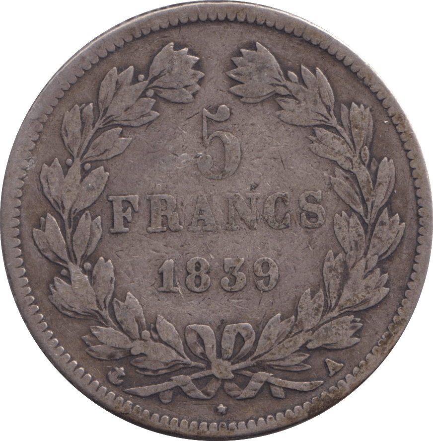 1839 SILVER FIVE FRANCS FRANCE - SILVER WORLD COINS - Cambridgeshire Coins