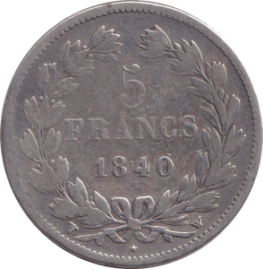 1840 SILVER 5 FRANC CLEANED FRANCE - SILVER WORLD COINS - Cambridgeshire Coins