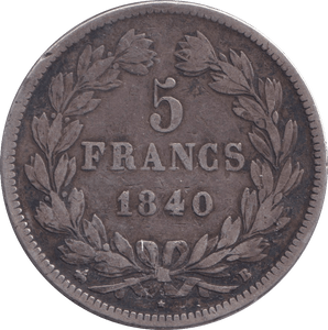 1840 SILVER FIVE FRANCS FRANCE - SILVER WORLD COINS - Cambridgeshire Coins