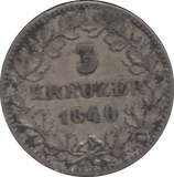 1840 SILVER THREE KREUZER WURTTEMBERG GERMANY - SILVER WORLD COINS - Cambridgeshire Coins
