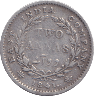 1841 SILVER TWO ANNA INDIA - SILVER WORLD COINS - Cambridgeshire Coins