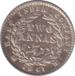 1841 TWO ANNA INDIA - SILVER WORLD COINS - Cambridgeshire Coins