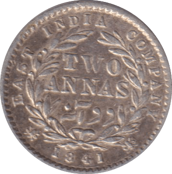 1841 TWO ANNA INDIA - SILVER WORLD COINS - Cambridgeshire Coins