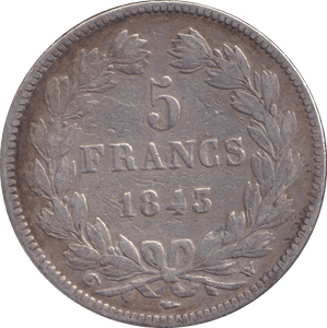 1843 SILVER 5 FRANCS FRANCE - SILVER WORLD COINS - Cambridgeshire Coins