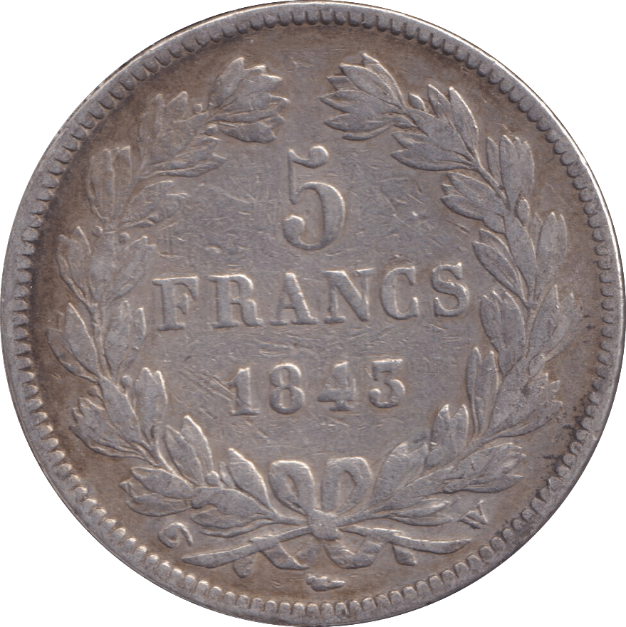 1843 SILVER 5 FRANCS FRANCE - SILVER WORLD COINS - Cambridgeshire Coins