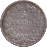 1843 SILVER 5 FRANCS FRANCE - SILVER WORLD COINS - Cambridgeshire Coins