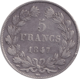 1847 SILVER 5 FRANCS FRANCE - SILVER WORLD COINS - Cambridgeshire Coins