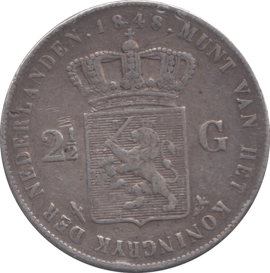 1848 SILVER NETHERLANDS 2 1/2 GULDEN - SILVER WORLD COINS - Cambridgeshire Coins