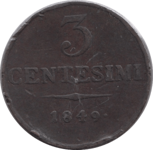 1849 ITALY THREE CENTESIMI - WORLD COINS - Cambridgeshire Coins