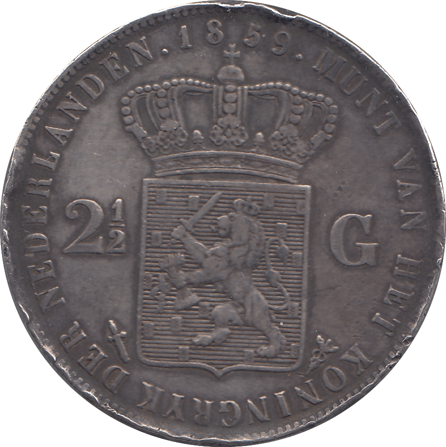 1859 SILVER 2 1/2 GULDEN NETHERLANDS - SILVER WORLD COINS - Cambridgeshire Coins