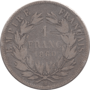 1860 SILVER ONE FRANC FRANCE - SILVER WORLD COINS - Cambridgeshire Coins