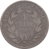 1860 SILVER ONE FRANC FRANCE - SILVER WORLD COINS - Cambridgeshire Coins