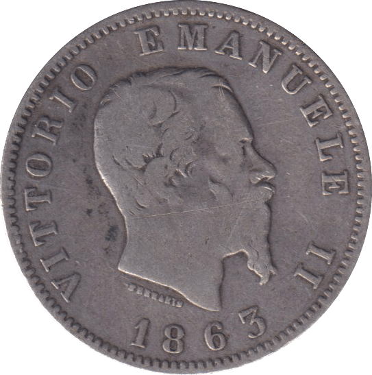 1863 SILVER 1 LIRA ITALY - SILVER WORLD COINS - Cambridgeshire Coins