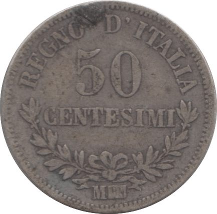 1863 SILVER 50 CENTESIMI ITALY - SILVER WORLD COINS - Cambridgeshire Coins