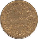 1865 GOLD 20 FRANCS BELGIUM - GOLD WORLD COINS - Cambridgeshire Coins