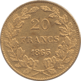 1865 GOLD 20 FRANCS BELGIUM - Gold World Coins - Cambridgeshire Coins