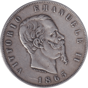 1865 SILVER 5 LIRA ITALY - SILVER WORLD COINS - Cambridgeshire Coins