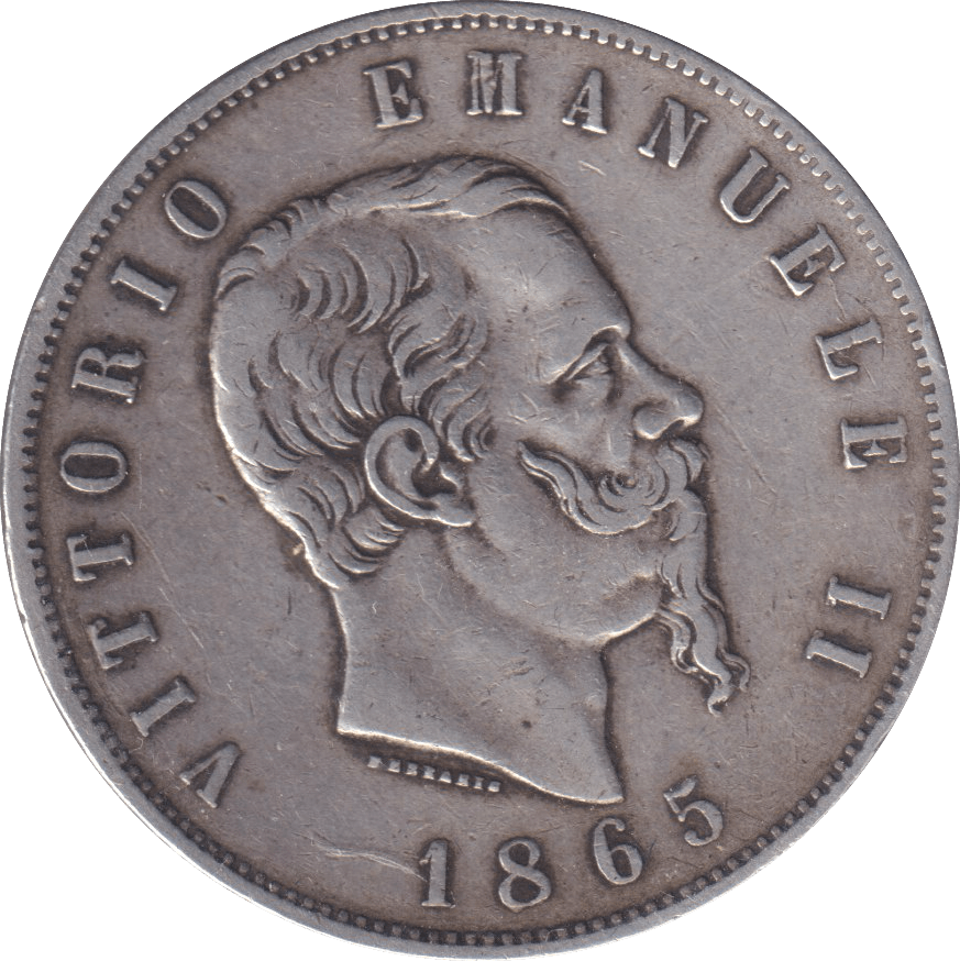 1865 SILVER 5 LIRA ITALY - SILVER WORLD COINS - Cambridgeshire Coins