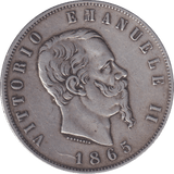 1865 SILVER 5 LIRA ITALY - SILVER WORLD COINS - Cambridgeshire Coins