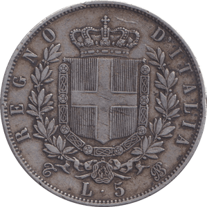 1865 SILVER 5 LIRA ITALY - SILVER WORLD COINS - Cambridgeshire Coins