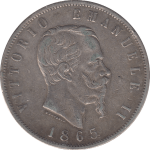 1865 SILVER ITALY 5 LIRA - SILVER WORLD COINS - Cambridgeshire Coins