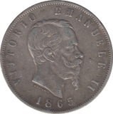 1865 SILVER ITALY 5 LIRA - SILVER WORLD COINS - Cambridgeshire Coins