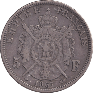 1867 SILVER 5 FRANC FRANCE - SILVER WORLD COINS - Cambridgeshire Coins