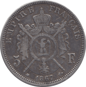 1867 SILVER 5 FRANCS FRANCE - SILVER WORLD COINS - Cambridgeshire Coins