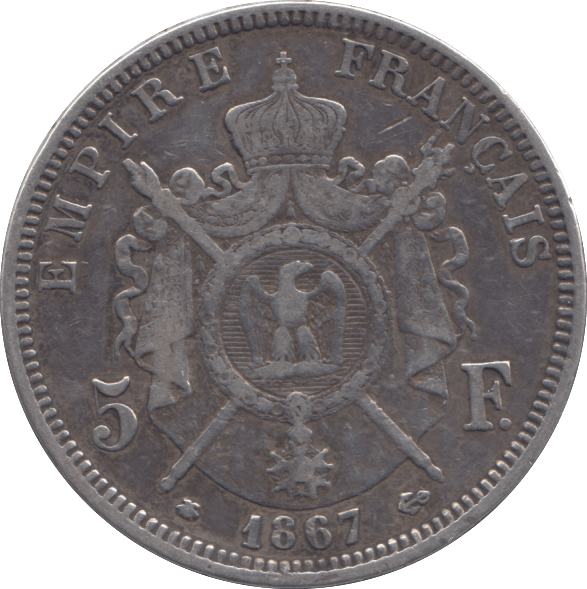 1867 SILVER 5 FRANCS FRANCE - SILVER WORLD COINS - Cambridgeshire Coins