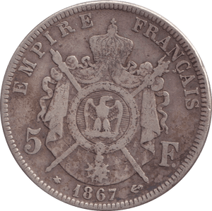 1867 SILVER 5 FRANCS FRANCE - SILVER WORLD COINS - Cambridgeshire Coins