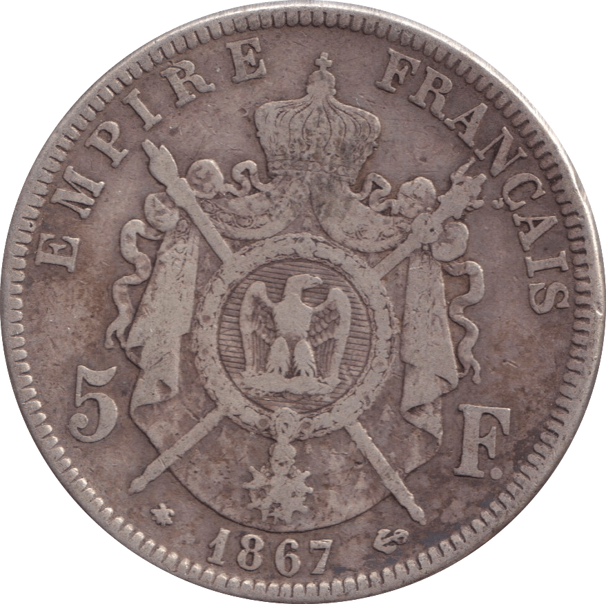 1867 SILVER 5 FRANCS FRANCE - SILVER WORLD COINS - Cambridgeshire Coins