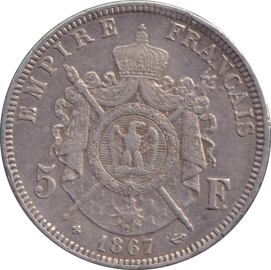 1867 SILVER 5 FRANCS FRANCE - SILVER WORLD COINS - Cambridgeshire Coins