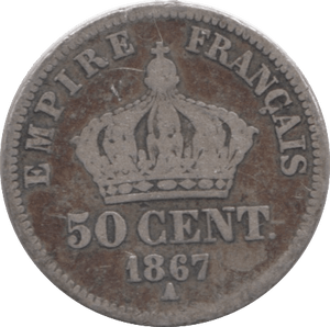1867 SILVER 50 CENT FRANCE - SILVER WORLD COINS - Cambridgeshire Coins