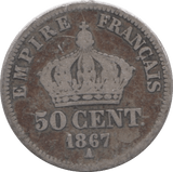 1867 SILVER 50 CENT FRANCE - SILVER WORLD COINS - Cambridgeshire Coins