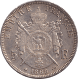 1868 FIVE FRANCS FRANCE - SILVER WORLD COINS - Cambridgeshire Coins