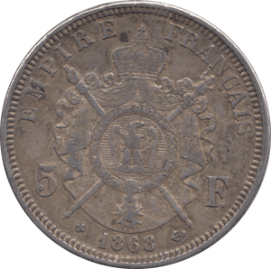 1868 FRENCH SILVER 5 FRANCS - SILVER WORLD COINS - Cambridgeshire Coins