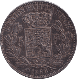 1868 SILVER 5 FRANC BELGIUM - SILVER WORLD COINS - Cambridgeshire Coins