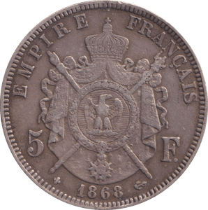 1868 SILVER 5 FRANC FRANCE - SILVER WORLD COINS - Cambridgeshire Coins