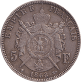 1868 SILVER 5 FRANC FRANCE - SILVER WORLD COINS - Cambridgeshire Coins