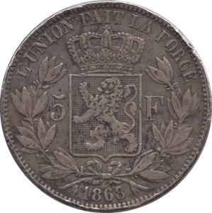 1868 SILVER 5 FRANCS BELGIUM - SILVER WORLD COINS - Cambridgeshire Coins
