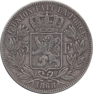 1868 SILVER FIVE FRANCS BELGIUM - SILVER WORLD COINS - Cambridgeshire Coins