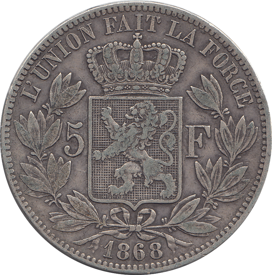 1868 SILVER FIVE FRANCS BELGIUM - SILVER WORLD COINS - Cambridgeshire Coins
