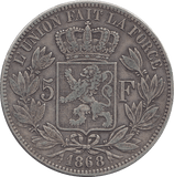 1868 SILVER FIVE FRANCS BELGIUM - SILVER WORLD COINS - Cambridgeshire Coins