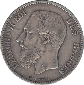 1868 SILVER FIVE FRANCS BELGIUM - SILVER WORLD COINS - Cambridgeshire Coins